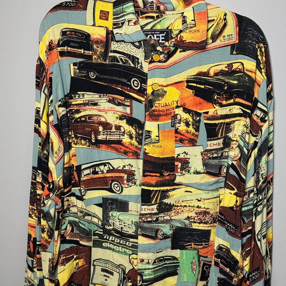 Vintage Café Car Print Casual Button Down Shirt, size “1”